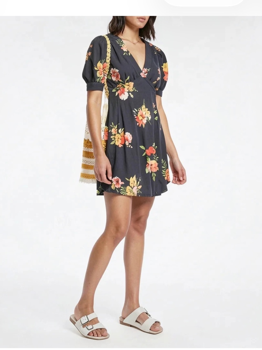 FREE PEOPLE BLACK Neon Garden Floral Mini Dress Sz 10 FP flowers summer beach